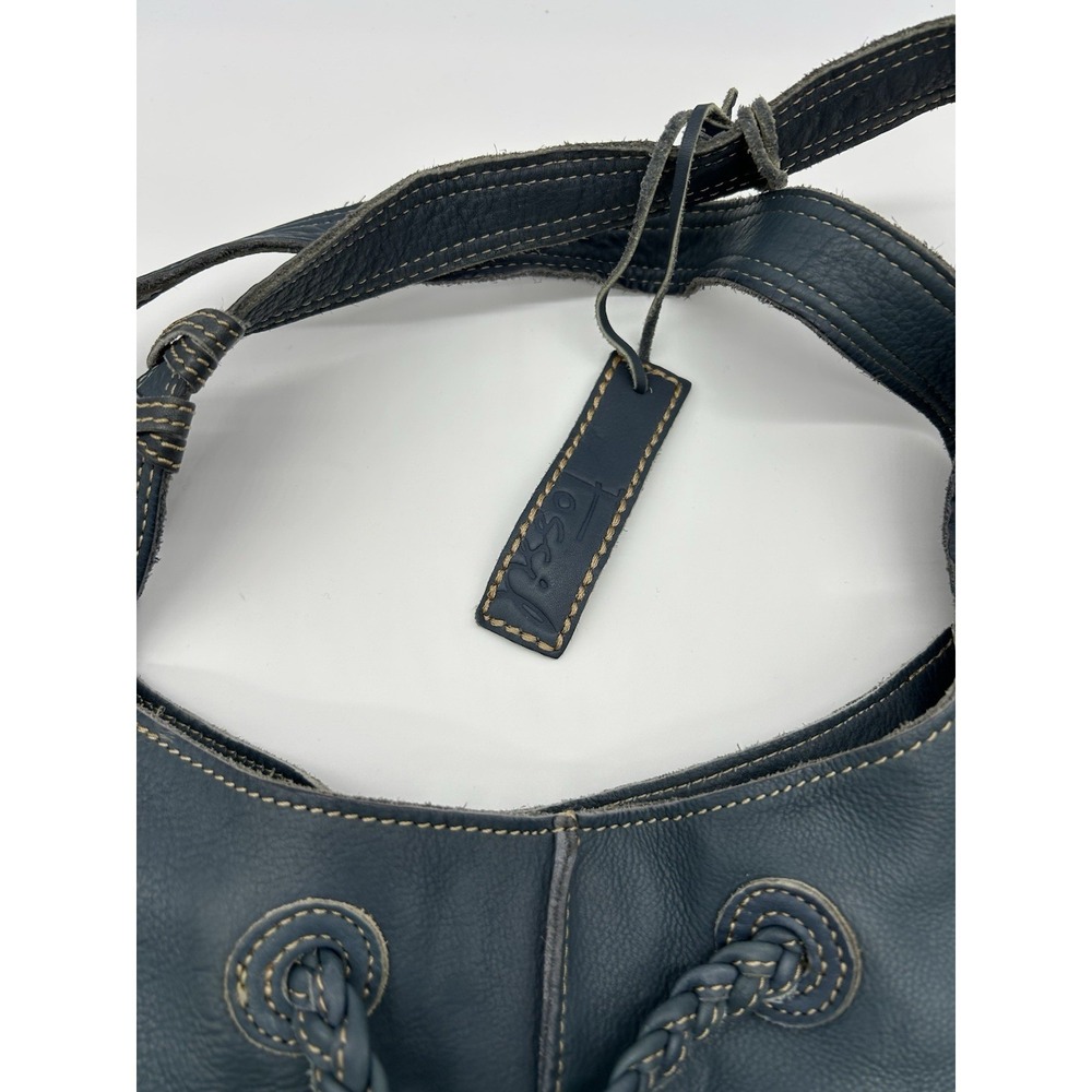 Fossil Blue Leather Shoulder Hobo Bag Purse Dual Handle Drawstring Closure - Picture 5 of 10